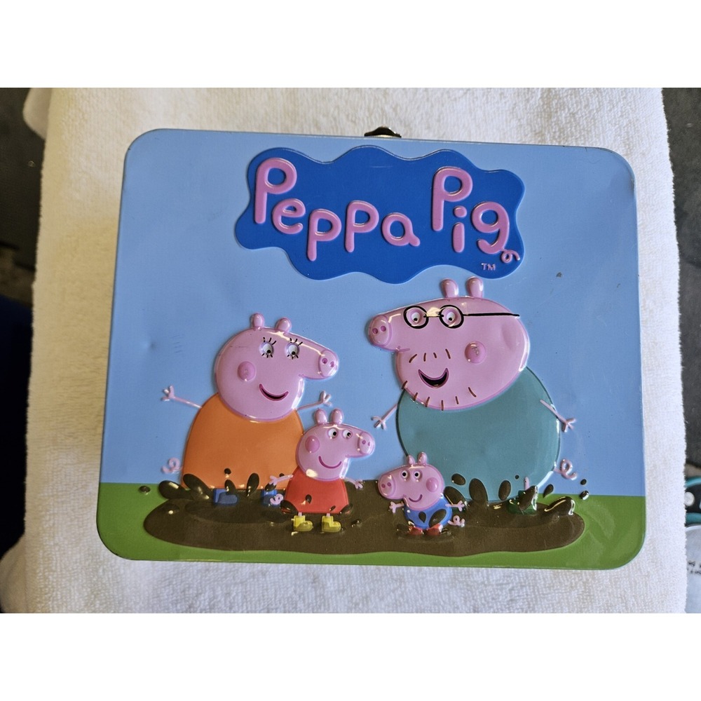 Peppa Pig Metal Lunchbox Blue with Handle Toy Storage Lunch Pail NICE